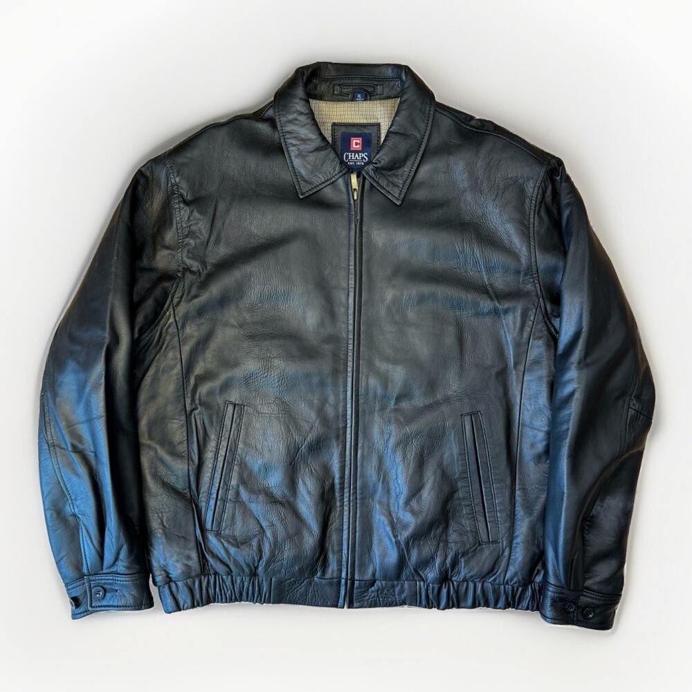 Chaps Ralph Lauren Leather Jacket XL Black Lined Bomber Full Zip New York